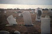 Shoreline erosion threatens a graveyard on lower Hooper Island, MD. In the background is shoreline stone riprap placed to retard the Bay’s advance.